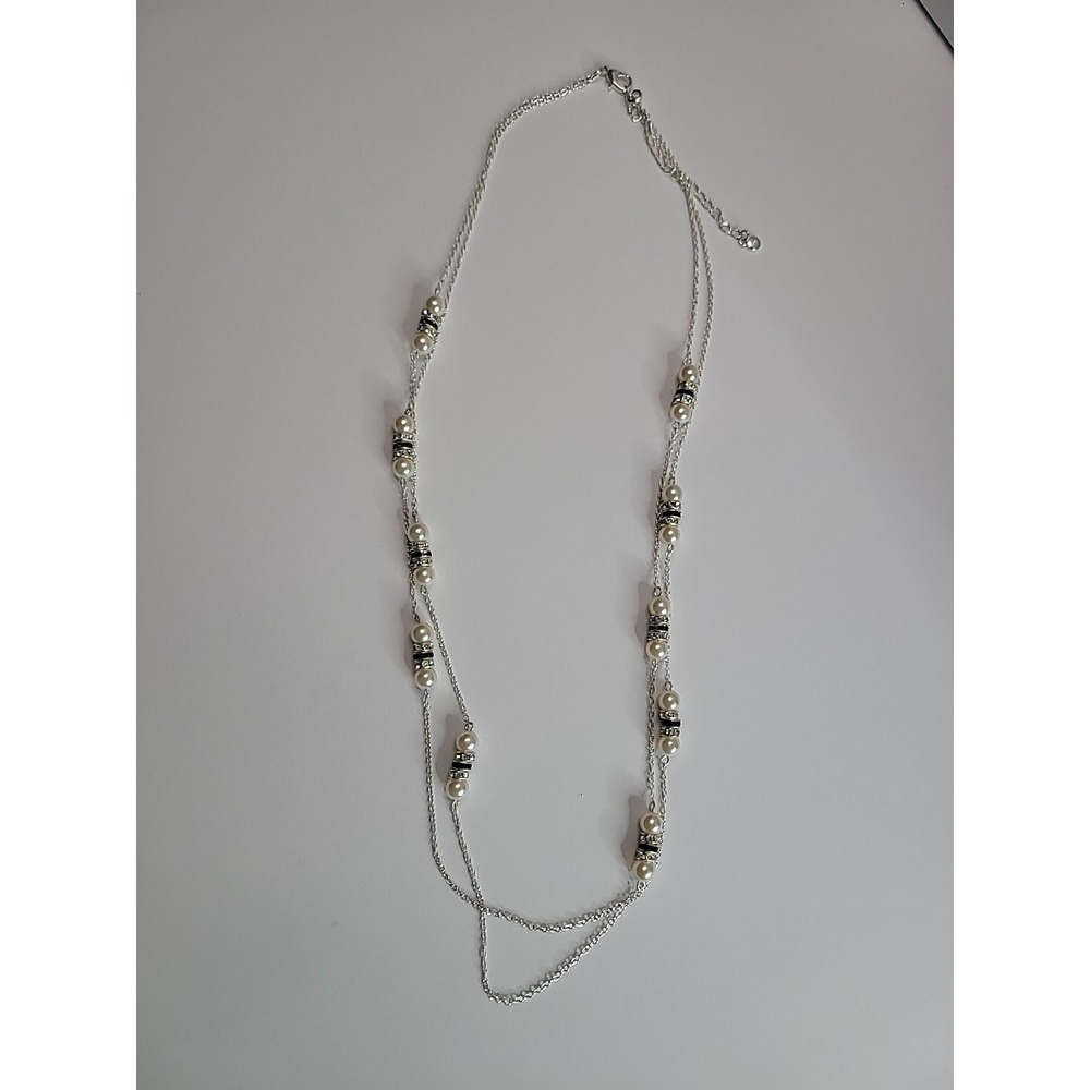 Vintage Silver Tone‎ Faux Pearl Station Necklace Long Layered Beaded Chain
